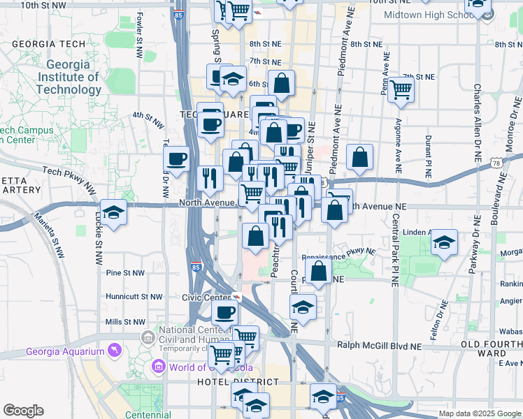 map of restaurants, bars, coffee shops, grocery stores, and more near in Atlanta