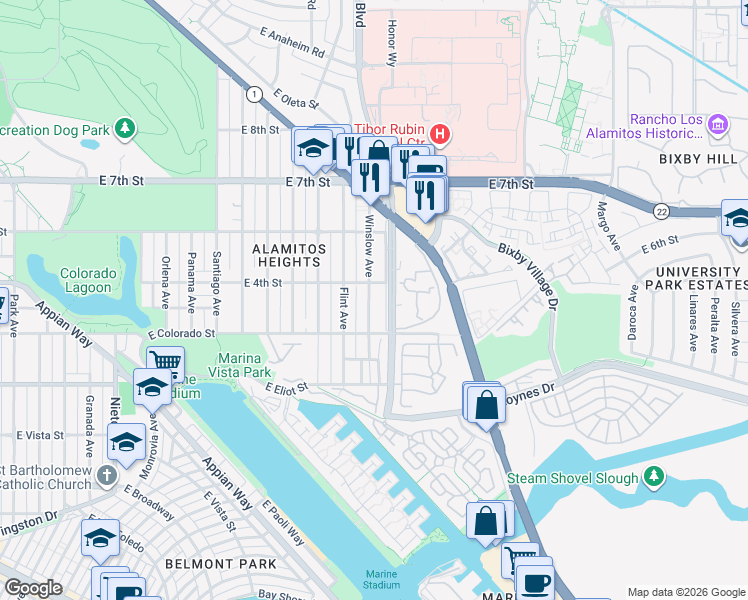 map of restaurants, bars, coffee shops, grocery stores, and more near 384 Winslow Avenue in Long Beach