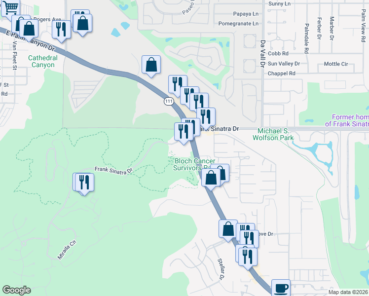 map of restaurants, bars, coffee shops, grocery stores, and more near 69-825 California 111 in Rancho Mirage
