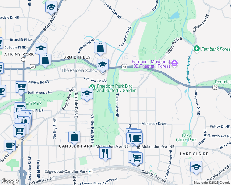 map of restaurants, bars, coffee shops, grocery stores, and more near 585 Candler Park Drive Northeast in Atlanta