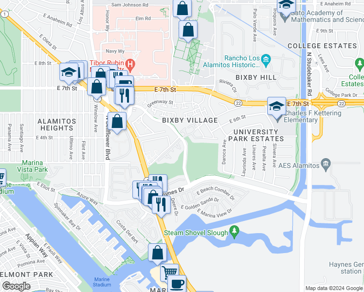 map of restaurants, bars, coffee shops, grocery stores, and more near 6000 Bixby Village Drive in Long Beach