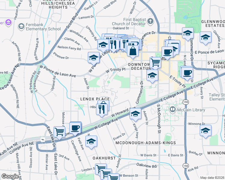 map of restaurants, bars, coffee shops, grocery stores, and more near 105 Mary Gay Court in Decatur