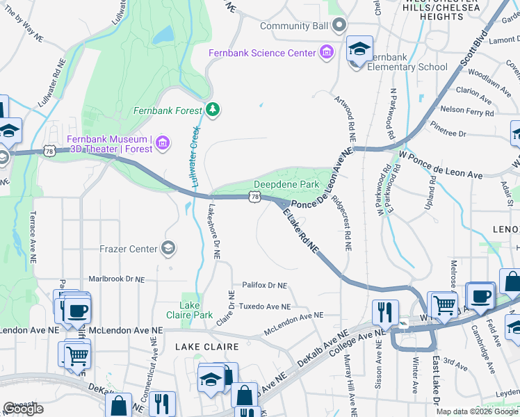 map of restaurants, bars, coffee shops, grocery stores, and more near 1985 Ponce De Leon Avenue Northeast in Atlanta