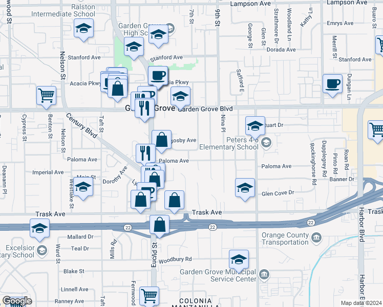 map of restaurants, bars, coffee shops, grocery stores, and more near 11182 Sherman Avenue in Garden Grove