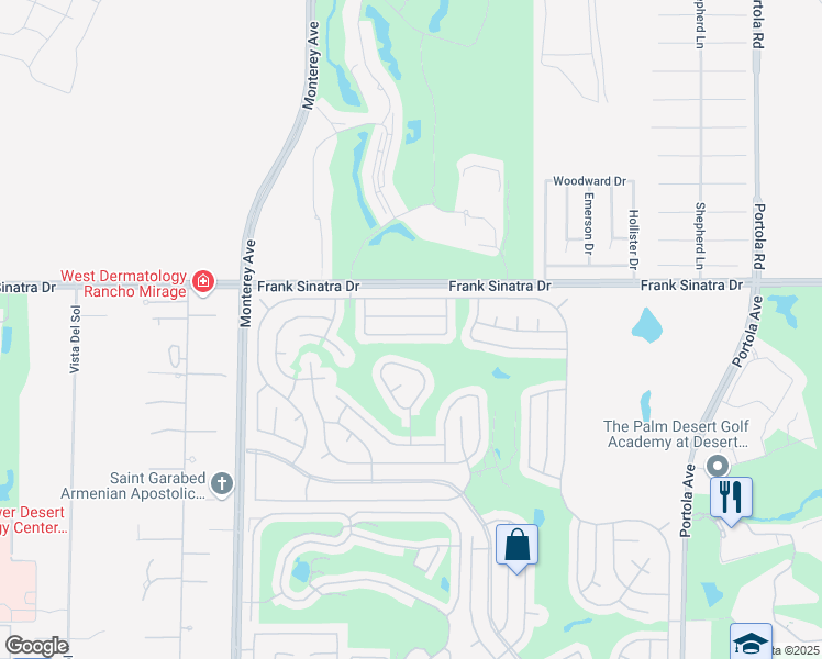 map of restaurants, bars, coffee shops, grocery stores, and more near 73370 Indian Creek Way in Palm Desert