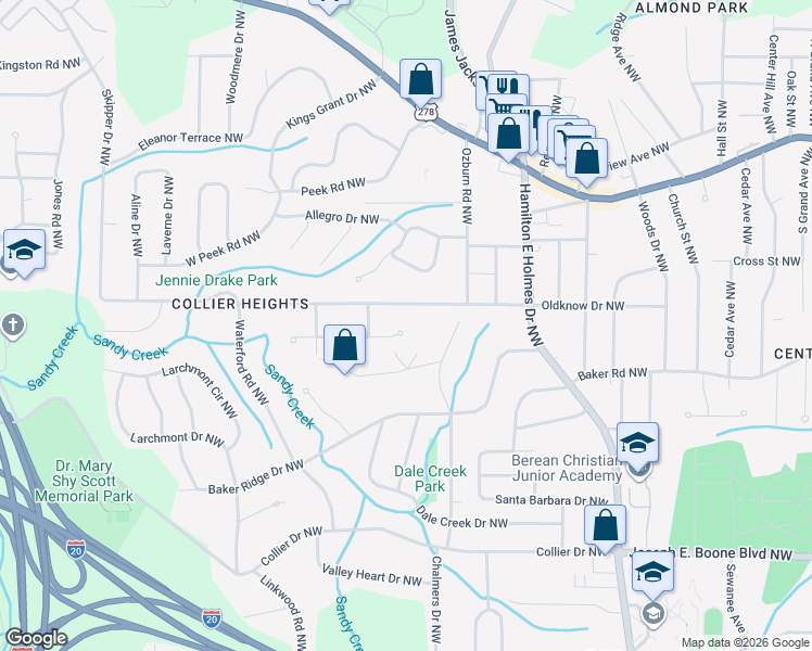 map of restaurants, bars, coffee shops, grocery stores, and more near 2803 Handy Drive Northwest in Atlanta