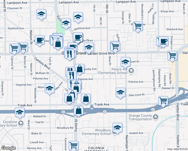 map of restaurants, bars, coffee shops, grocery stores, and more near 11182 Sherman Avenue in Garden Grove