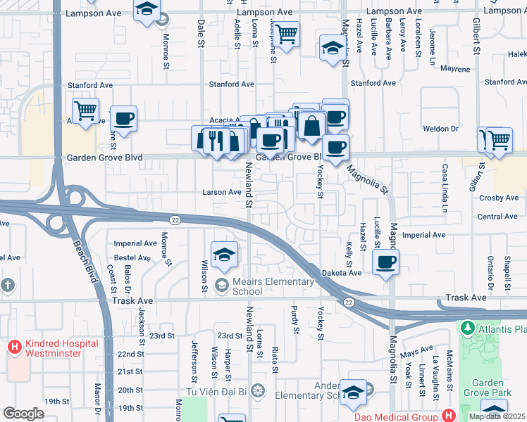 map of restaurants, bars, coffee shops, grocery stores, and more near 8512 Devon Lane in Garden Grove