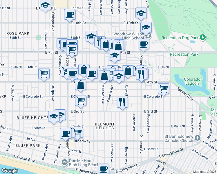 map of restaurants, bars, coffee shops, grocery stores, and more near in Long Beach