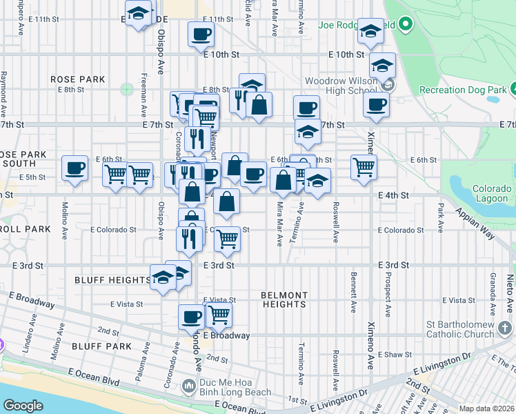 map of restaurants, bars, coffee shops, grocery stores, and more near 3707 East Vermont Street in Long Beach