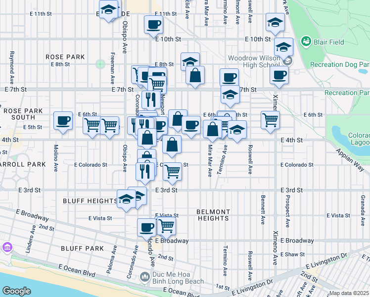 map of restaurants, bars, coffee shops, grocery stores, and more near 3707 East Vermont Street in Long Beach