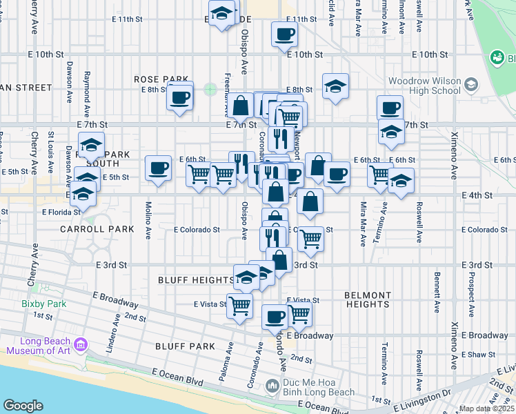 map of restaurants, bars, coffee shops, grocery stores, and more near 380 Coronado Avenue in Long Beach