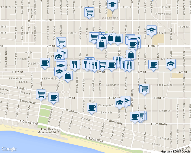 map of restaurants, bars, coffee shops, grocery stores, and more near 379 Gladys Avenue in Long Beach