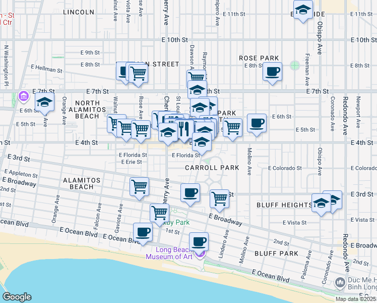 map of restaurants, bars, coffee shops, grocery stores, and more near 2151 East Florida Street in Long Beach