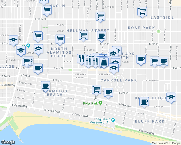 map of restaurants, bars, coffee shops, grocery stores, and more near in Long Beach
