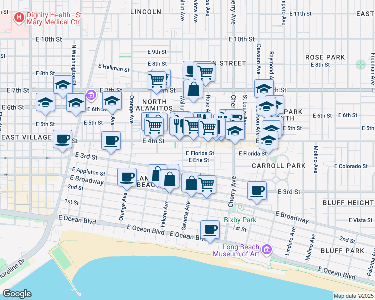 map of restaurants, bars, coffee shops, grocery stores, and more near 1617 East Florida Street in Long Beach