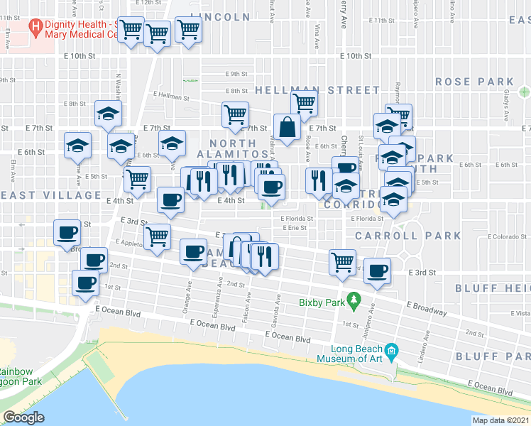 map of restaurants, bars, coffee shops, grocery stores, and more near 1509 East Florida Street in Long Beach