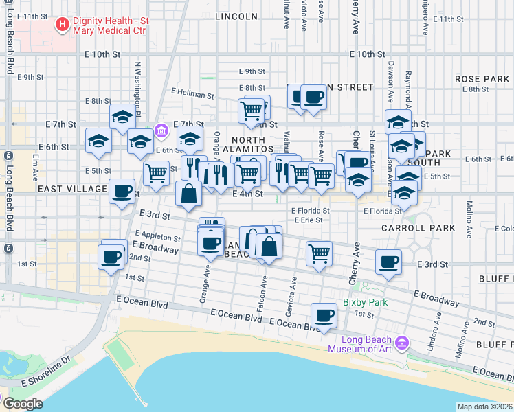 map of restaurants, bars, coffee shops, grocery stores, and more near 1335 East Florida Street in Long Beach
