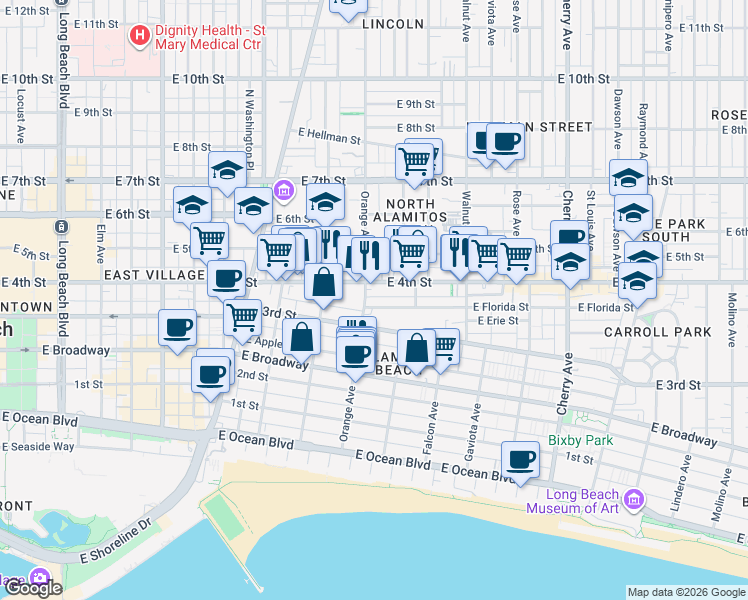 map of restaurants, bars, coffee shops, grocery stores, and more near 1217 East Florida Street in Long Beach