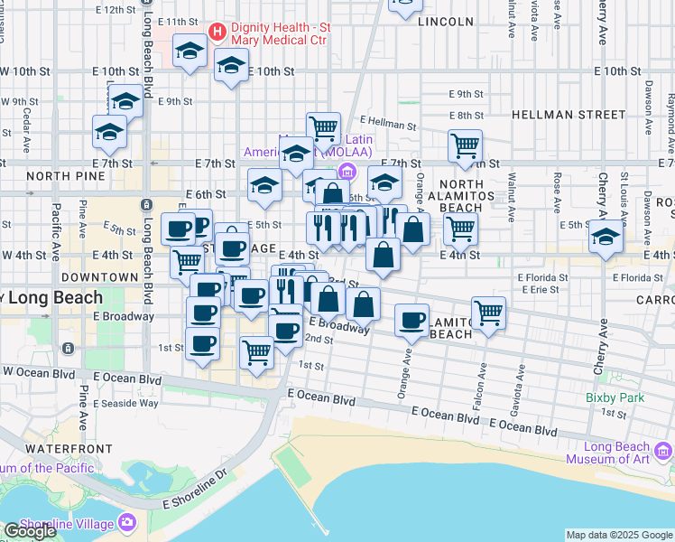 map of restaurants, bars, coffee shops, grocery stores, and more near 410 East 3rd Street in Long Beach