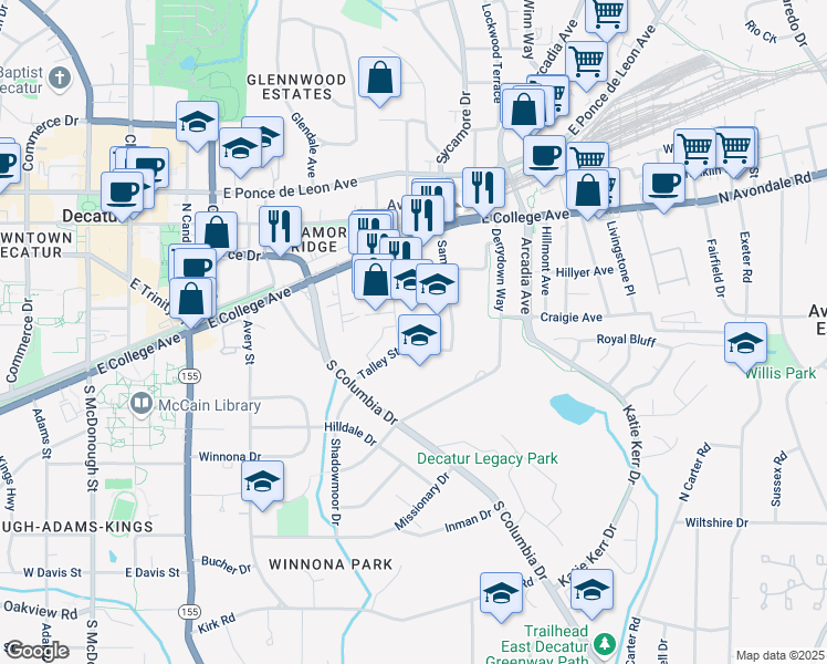 map of restaurants, bars, coffee shops, grocery stores, and more near 230 New Street in Decatur