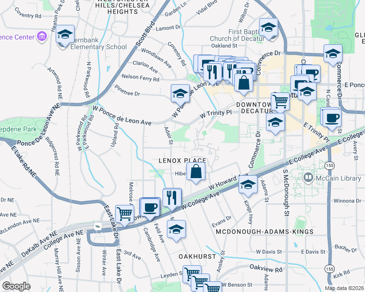 map of restaurants, bars, coffee shops, grocery stores, and more near 307 Adair Street in Decatur