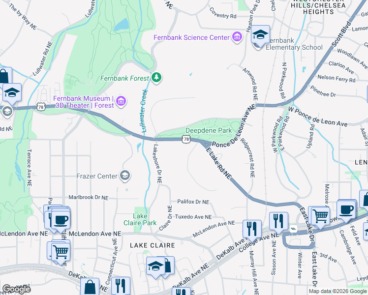 map of restaurants, bars, coffee shops, grocery stores, and more near 1985 Ponce De Leon Avenue Northeast in Atlanta