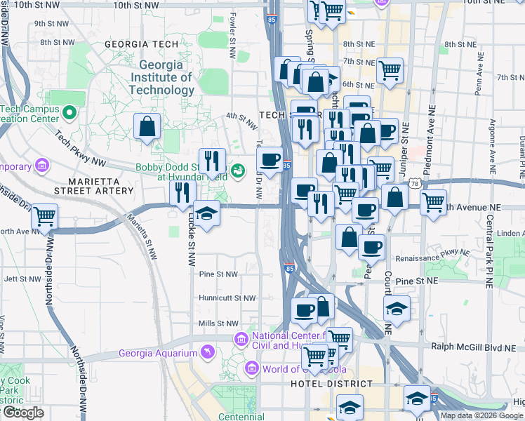 map of restaurants, bars, coffee shops, grocery stores, and more near in Atlanta