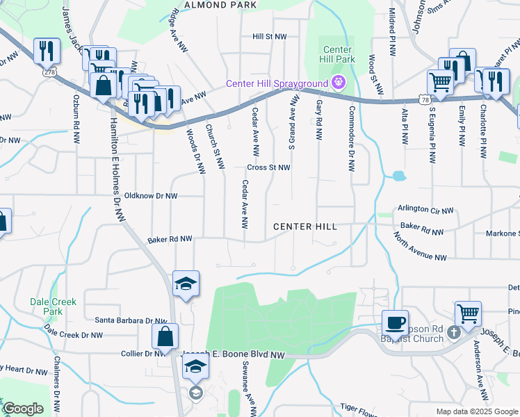map of restaurants, bars, coffee shops, grocery stores, and more near 578 Center Hill Avenue Northwest in Atlanta