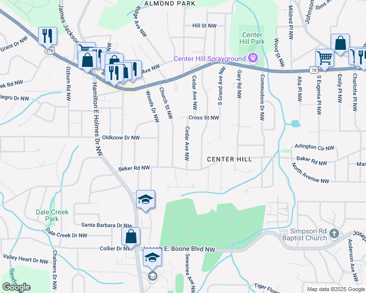 map of restaurants, bars, coffee shops, grocery stores, and more near 578 Cedar Avenue Northwest in Atlanta