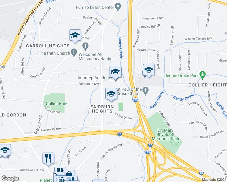 map of restaurants, bars, coffee shops, grocery stores, and more near 3300 Harden Drive Northwest in Atlanta