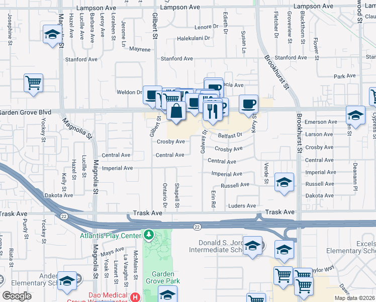 map of restaurants, bars, coffee shops, grocery stores, and more near 13191 Vener Drive in Garden Grove