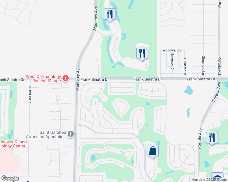 map of restaurants, bars, coffee shops, grocery stores, and more near 73300 Indian Creek Way in Palm Desert