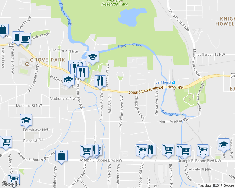map of restaurants, bars, coffee shops, grocery stores, and more near 1460 Donald Lee Hollowell Parkway Northwest in Atlanta