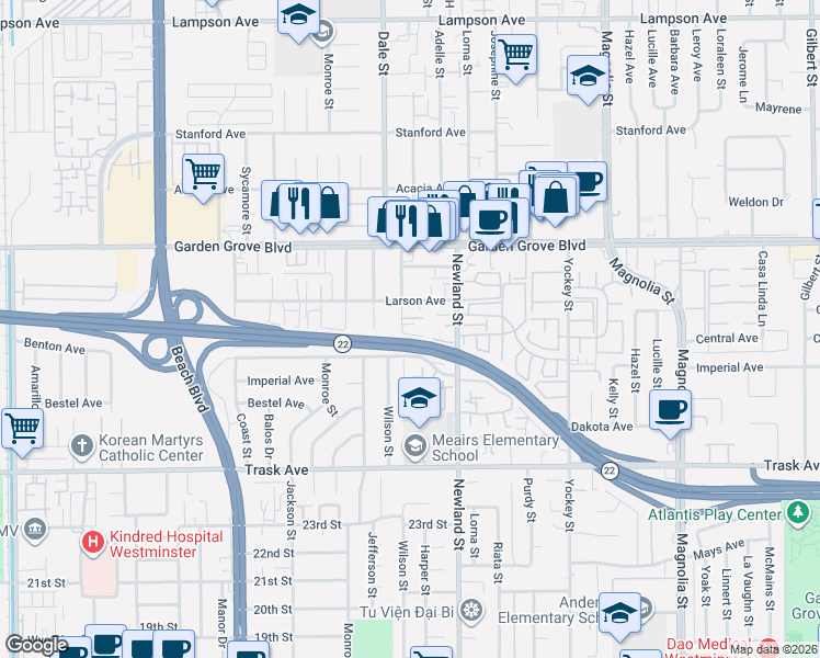 map of restaurants, bars, coffee shops, grocery stores, and more near 13172 Wilson Street in Garden Grove