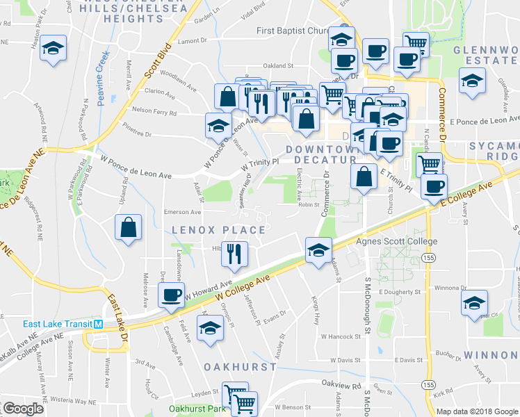 map of restaurants, bars, coffee shops, grocery stores, and more near 105 Mary Gay Court in Decatur