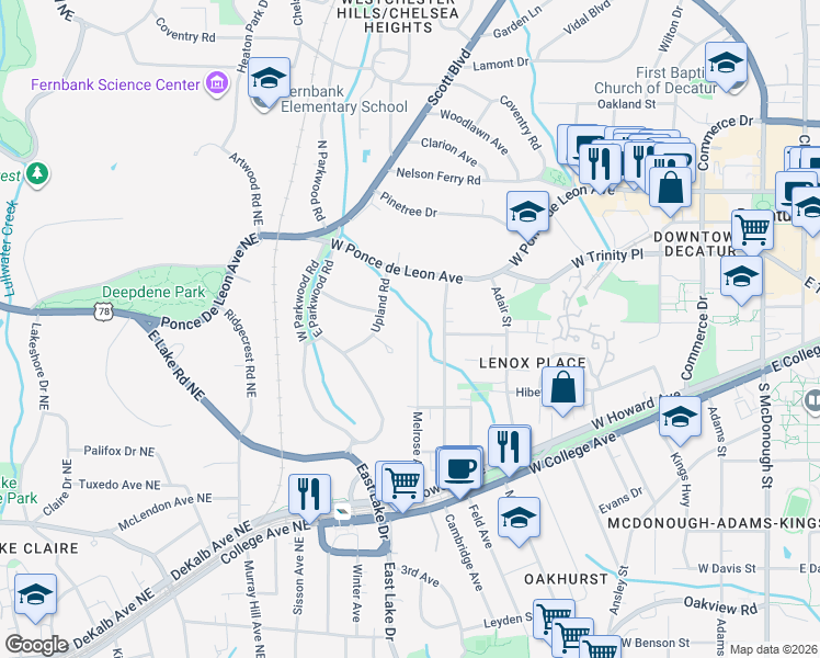 map of restaurants, bars, coffee shops, grocery stores, and more near 432 Melrose Ave in Decatur