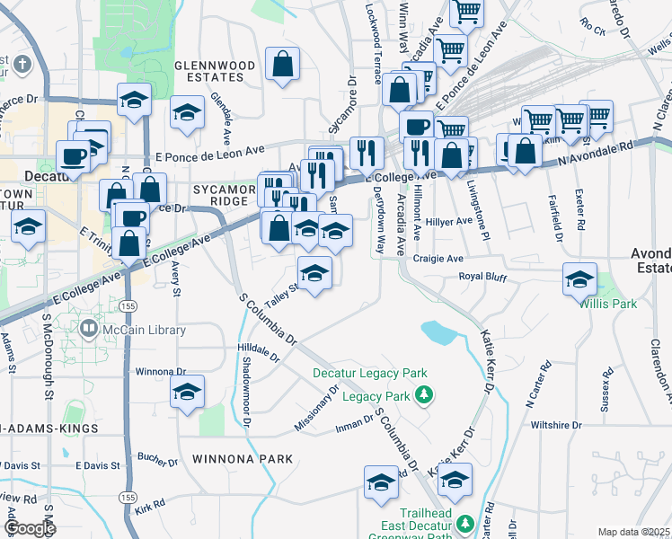 map of restaurants, bars, coffee shops, grocery stores, and more near 2630 Talley Street in Decatur