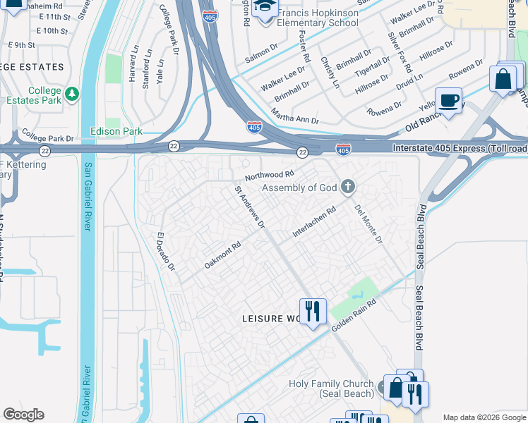 map of restaurants, bars, coffee shops, grocery stores, and more near 13220 Saint Andrews Drive in Seal Beach