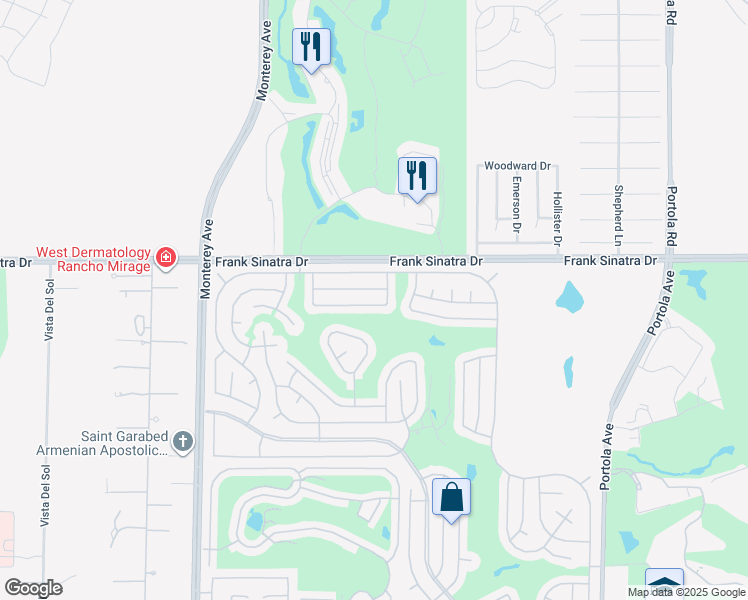 map of restaurants, bars, coffee shops, grocery stores, and more near 73420 Indian Creek Way in Palm Desert