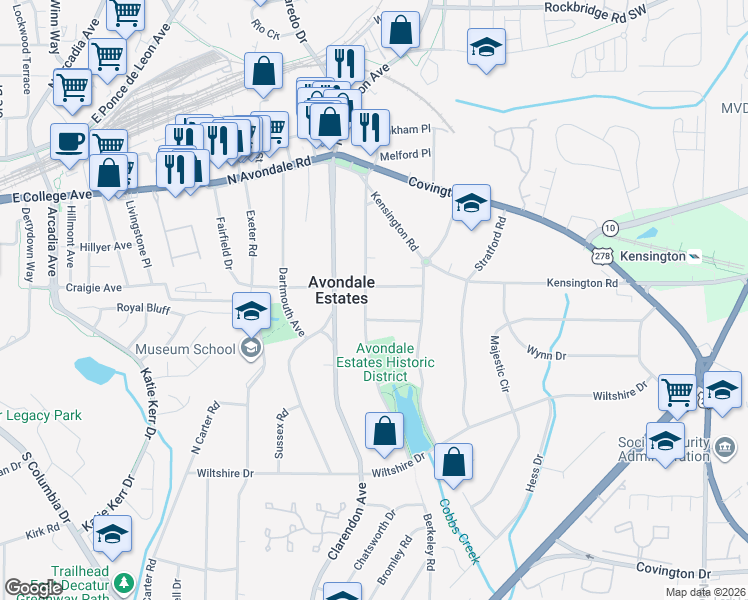 map of restaurants, bars, coffee shops, grocery stores, and more near 42 Berkeley Road in Avondale Estates