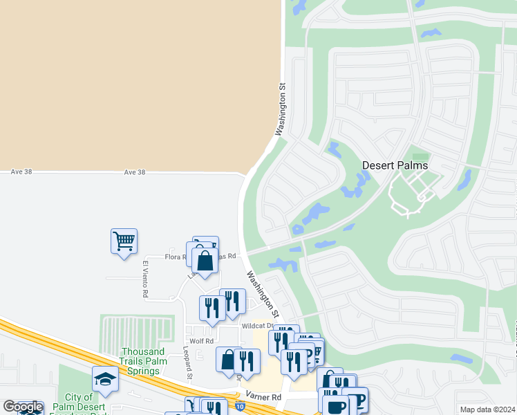 map of restaurants, bars, coffee shops, grocery stores, and more near 38305 Grand Oaks Avenue in Palm Desert
