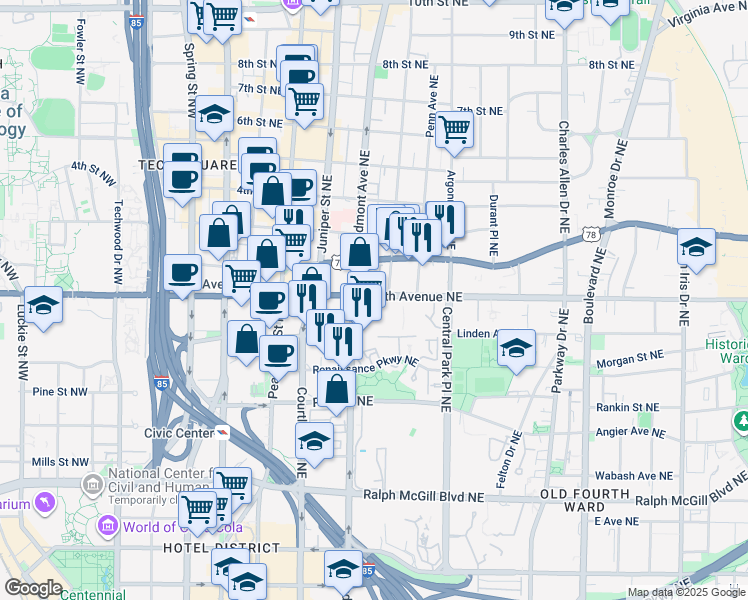 map of restaurants, bars, coffee shops, grocery stores, and more near 105 North Avenue Northeast in Atlanta