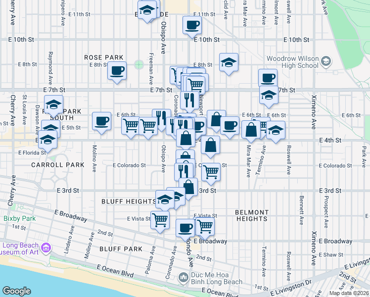 map of restaurants, bars, coffee shops, grocery stores, and more near 385 Redondo Avenue in Long Beach