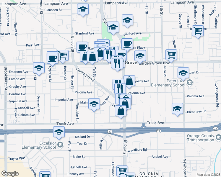 map of restaurants, bars, coffee shops, grocery stores, and more near 7335 Main Street in Westminster