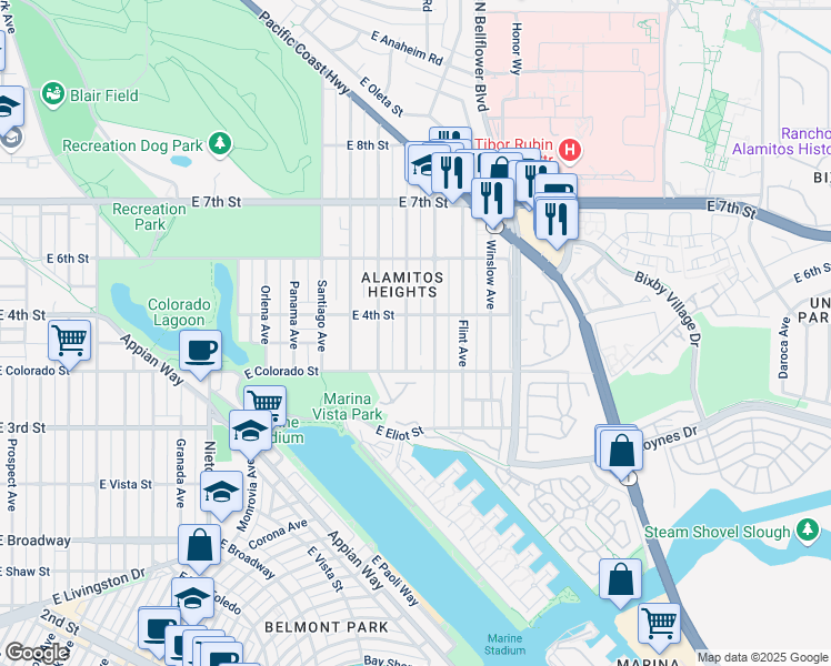 map of restaurants, bars, coffee shops, grocery stores, and more near 386 Los Altos Avenue in Long Beach