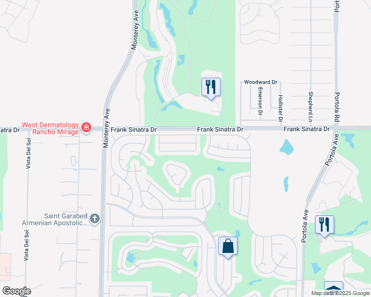 map of restaurants, bars, coffee shops, grocery stores, and more near 73400 Indian Creek Way in Palm Desert