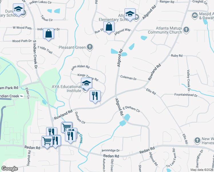 map of restaurants, bars, coffee shops, grocery stores, and more near 4220 Kings Troop Road in Stone Mountain
