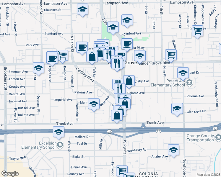 map of restaurants, bars, coffee shops, grocery stores, and more near in Garden Grove