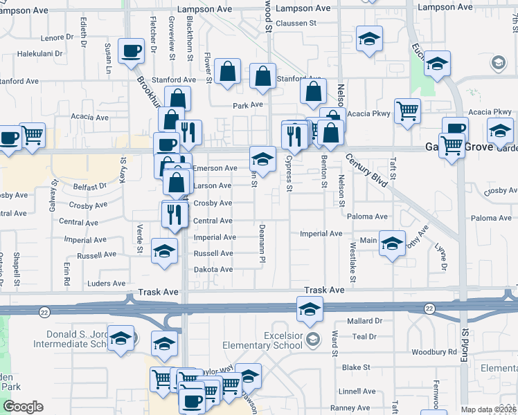 map of restaurants, bars, coffee shops, grocery stores, and more near 10212 Crosby Avenue in Garden Grove